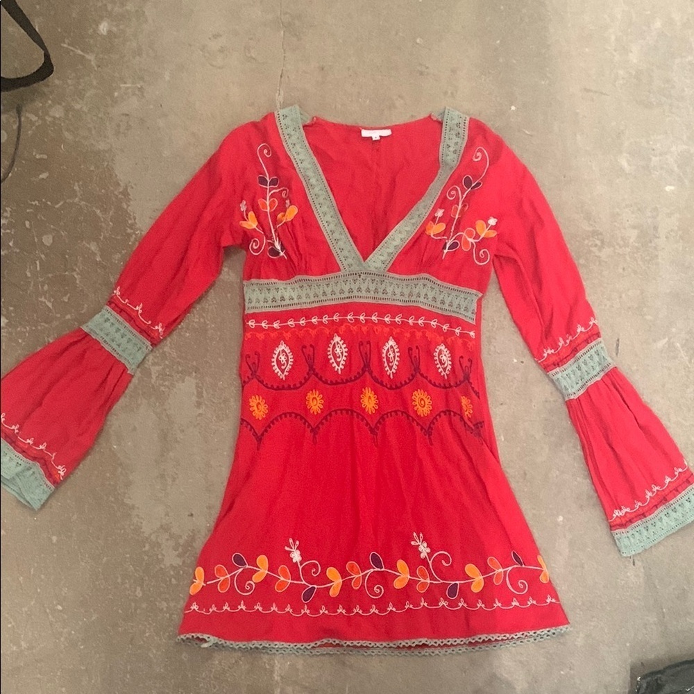Y2K babydoll Debbie‎ Katz embroidered bell sleeve top Red V-Neck Women's Top